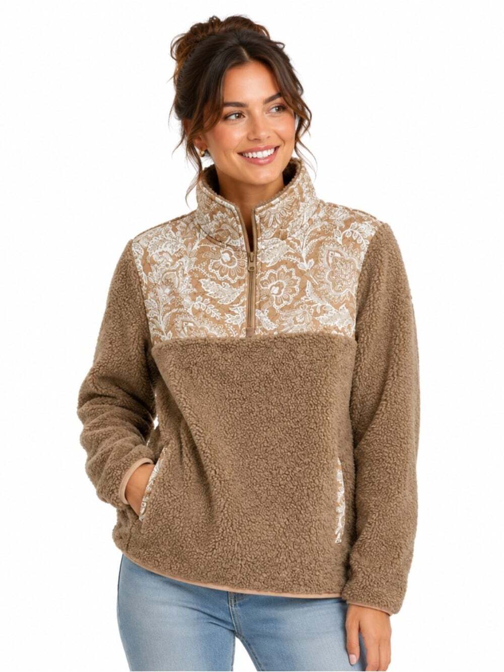 Vera Bradley Teddy Fleece Pullover Sweater Tan Cream Floral Zip Size Medium Cozy